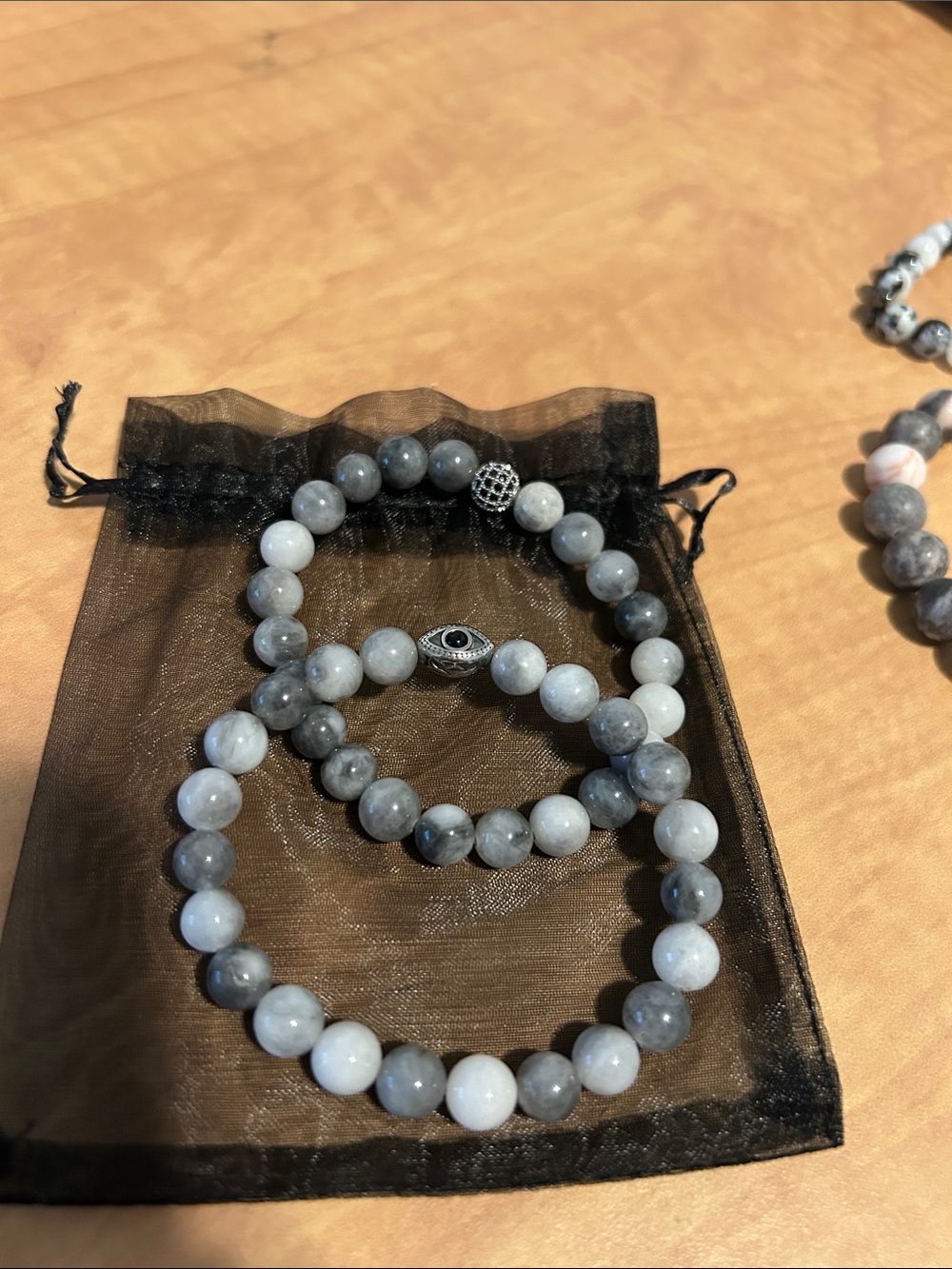 Evil eye Gray Beaded Stretch Bracelet Set with Silver Accent Beads